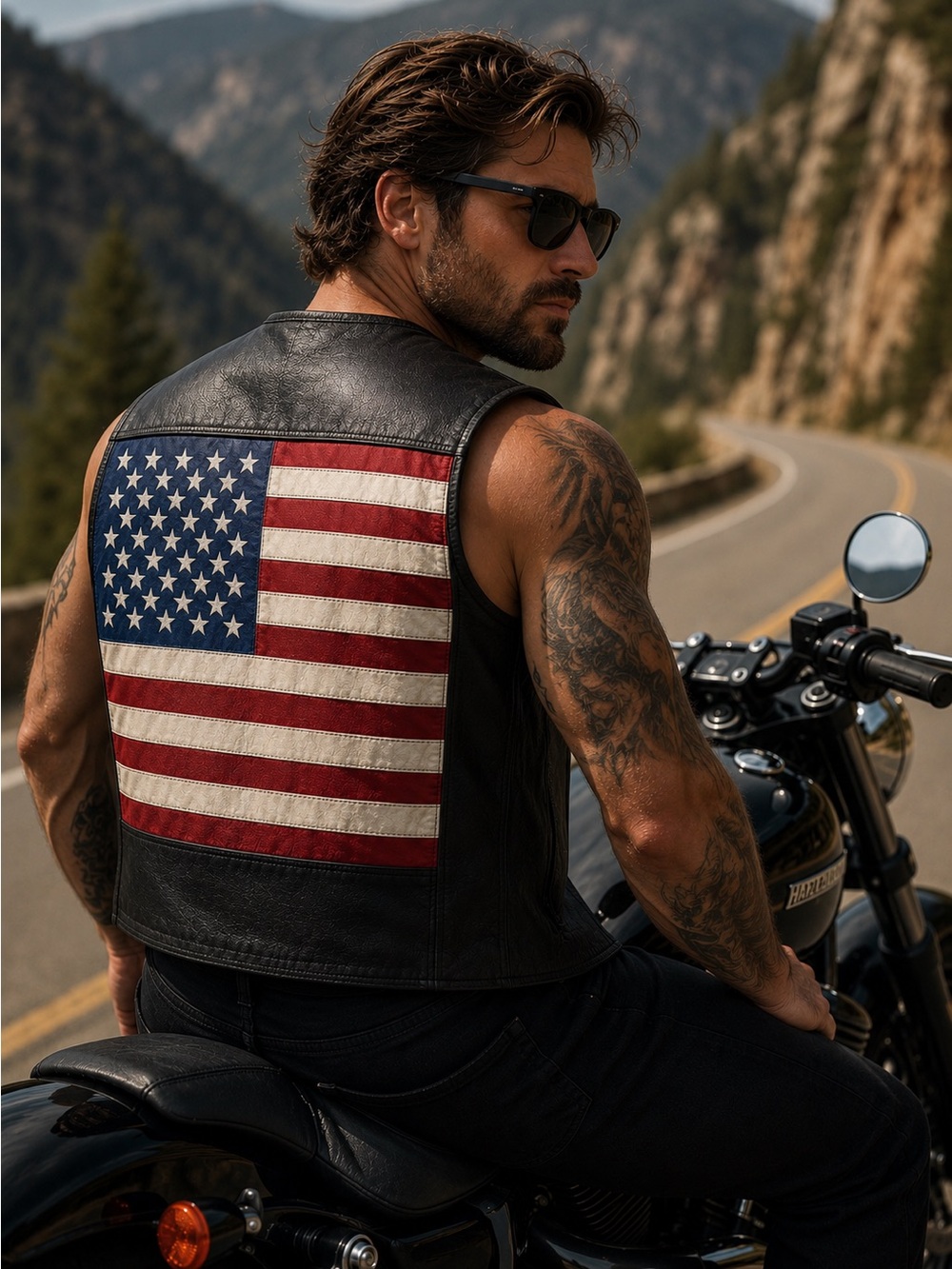 Men's UNIK Black Leather Vest w/ American Flag. Size XL (AI Model)